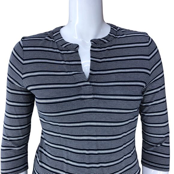 Talbots Womens Size MP Navy Blue Striped TShirt Top Slit Neck - Picture 3 of 14